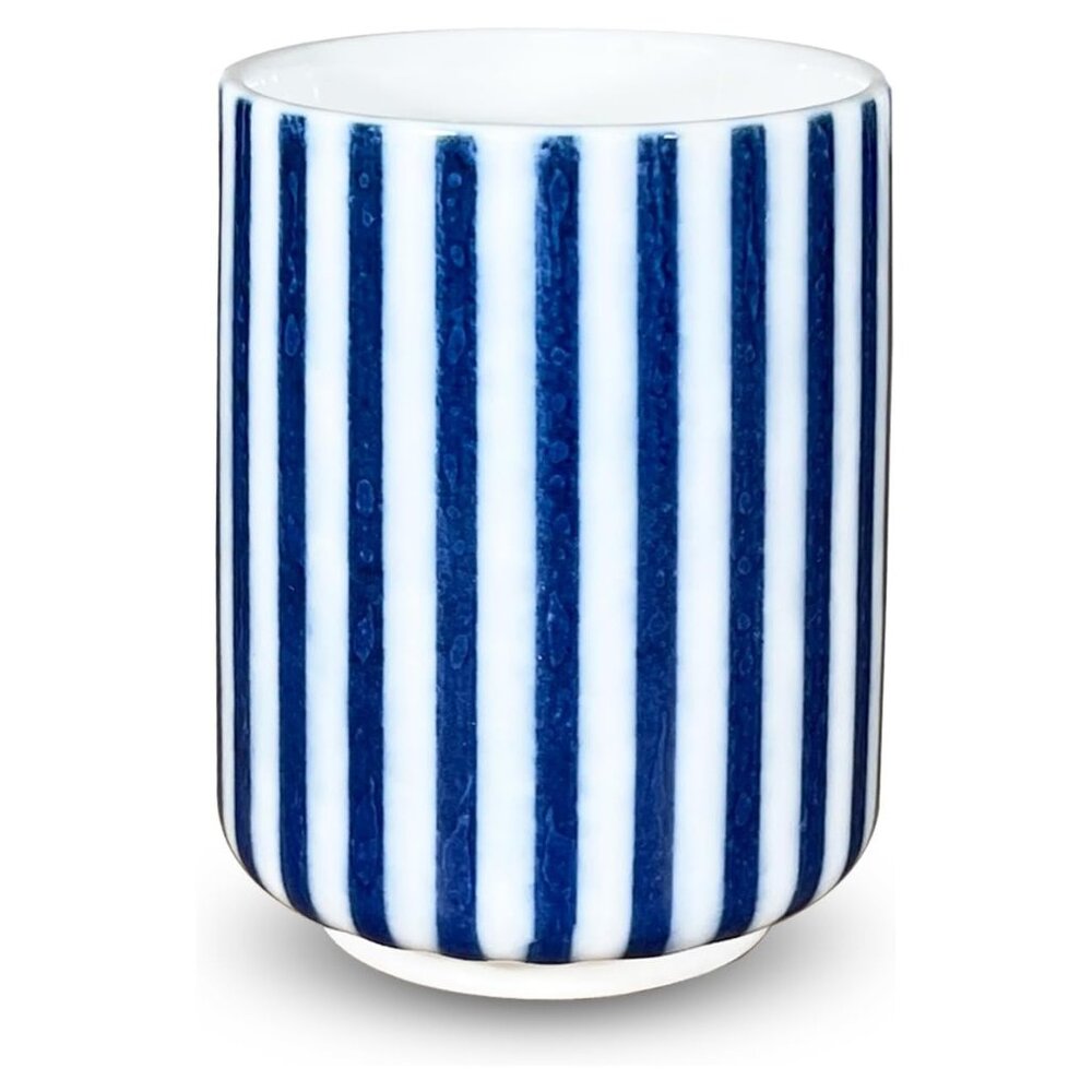 Hand-Painted Mino Ware Yunomi - 6.7 fl oz Japanese teacup - Striped Blue & White